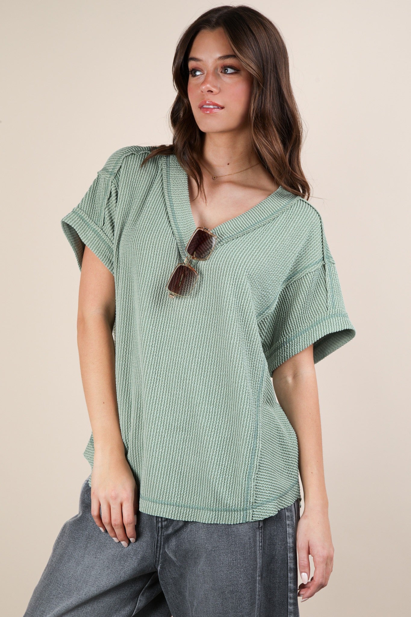 Light Olive Ribbed Raw Hem Short Sleeve Top