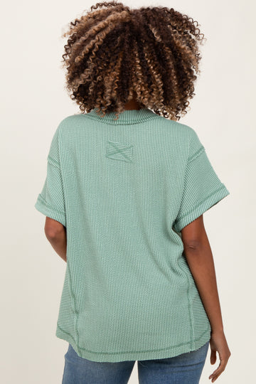 Light Olive Ribbed Raw Hem Maternity Short Sleeve Top