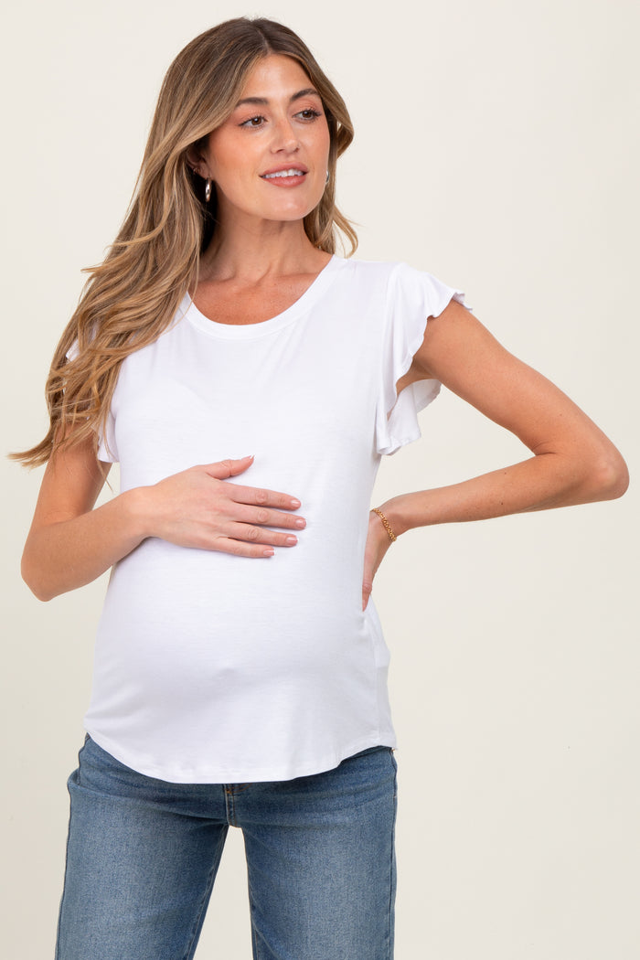 White Basic Short Flutter Sleeve Maternity Tee