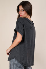 Charcoal Ribbed Raw Hem Short Sleeve Top