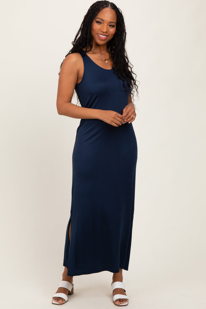 Navy Basic Pocket Sleeveless Maternity Maxi Dress