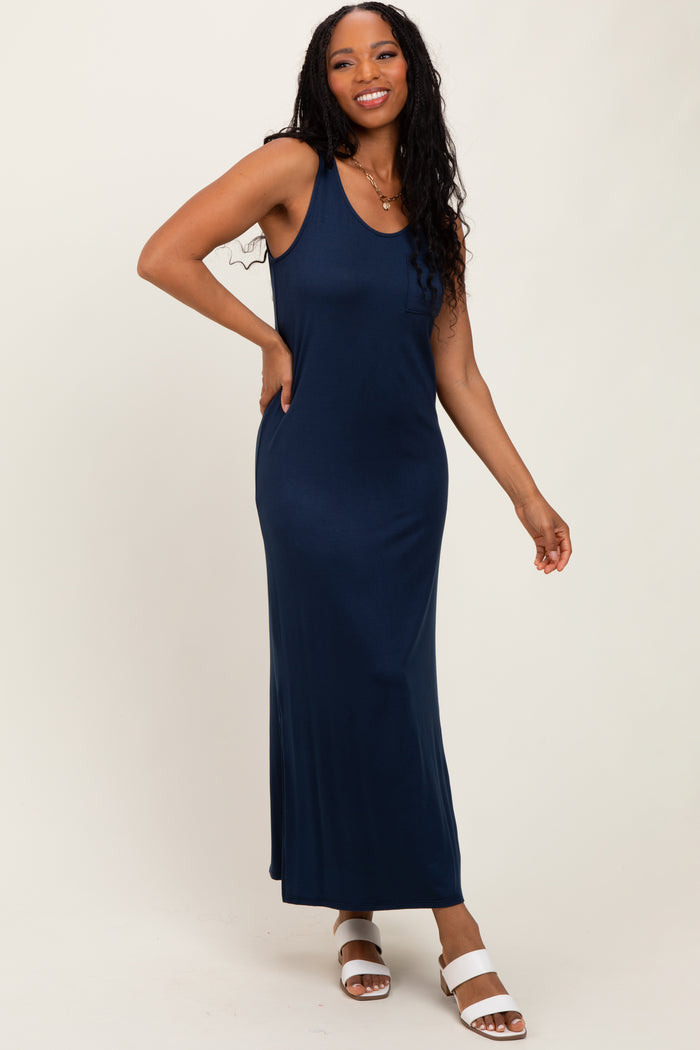 Navy Basic Pocket Sleeveless Maxi Dress