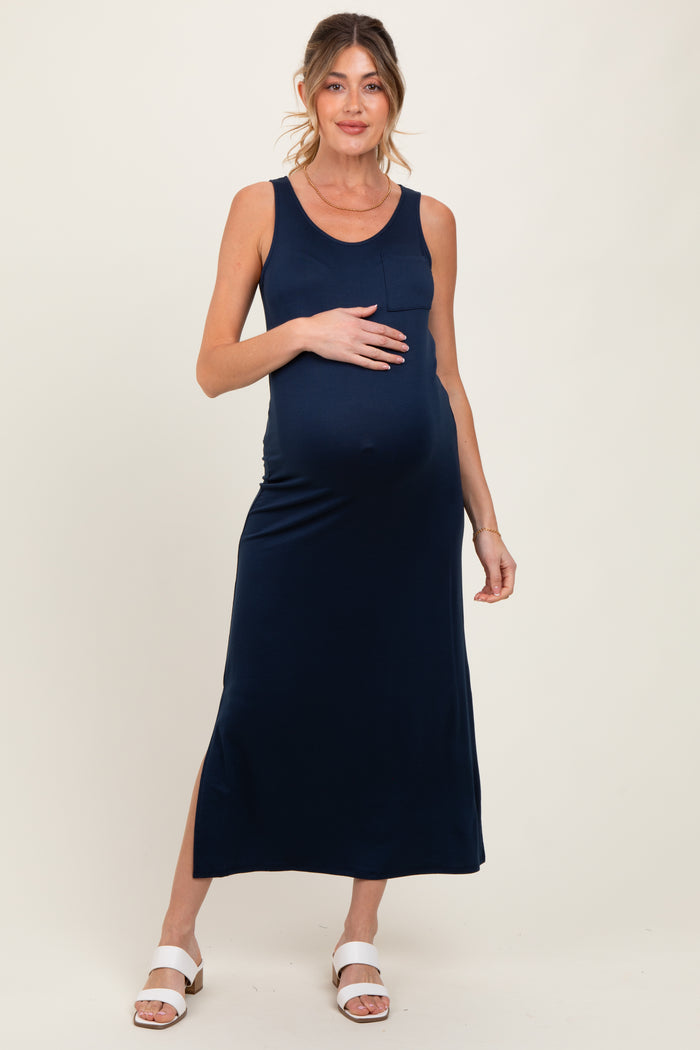 Navy Basic Pocket Sleeveless Maternity Maxi Dress