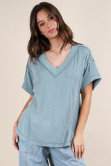 Blue Ribbed Raw Hem Maternity Short Sleeve Top