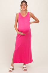 Fuchsia Basic Pocket Sleeveless Maternity Maxi Dress