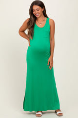 Green Basic Pocket Sleeveless Maternity Maxi Dress