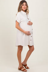 Beige Dolman Sleeve Linen Maternity Shirt Dress