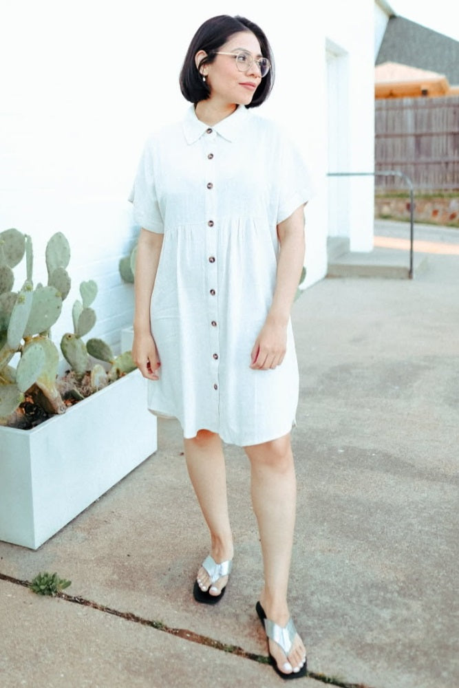Beige Dolman Sleeve Linen Shirt Dress