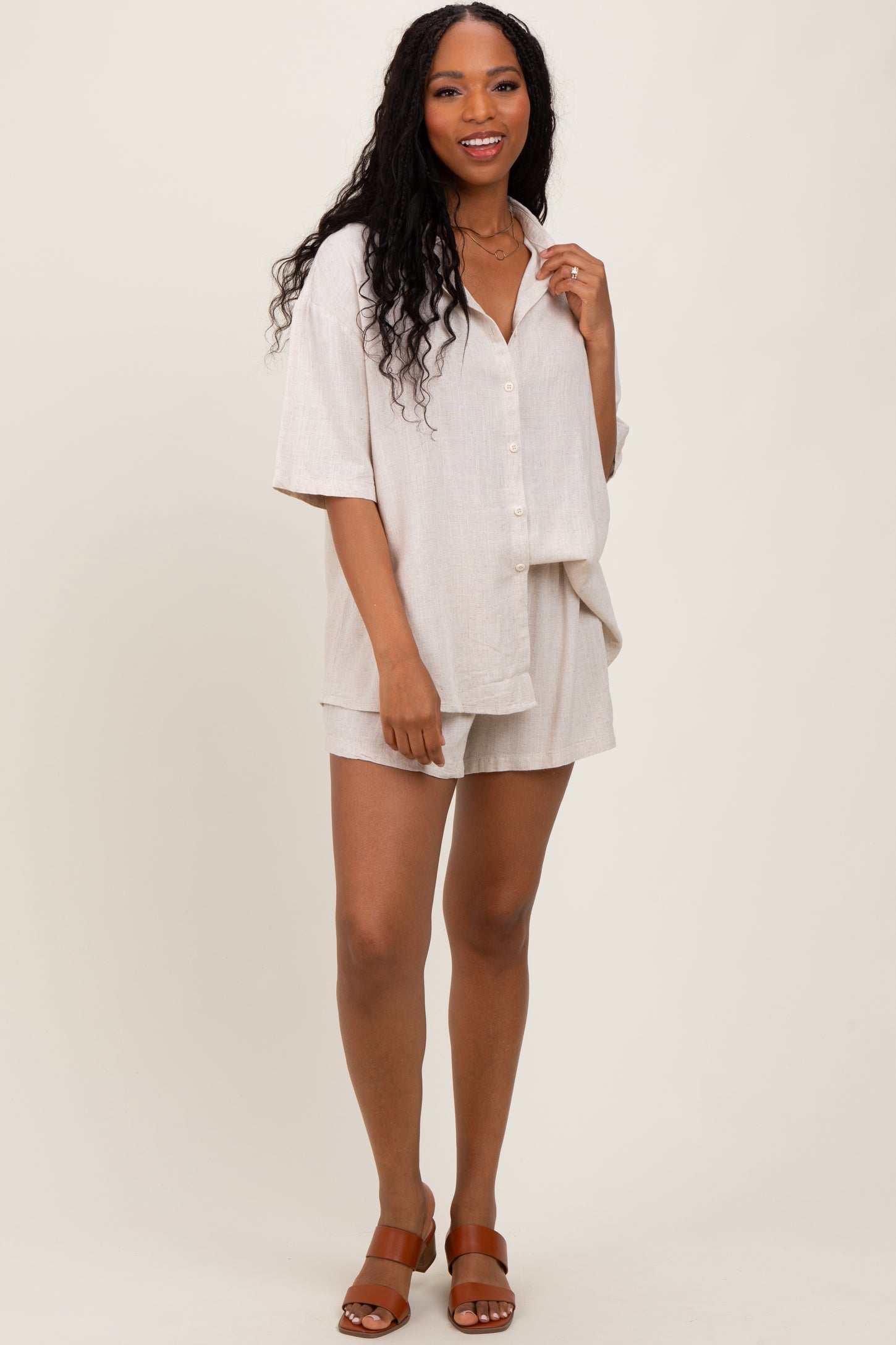 Beige Linen Blend Short Sleeve Shirt Shorts Set