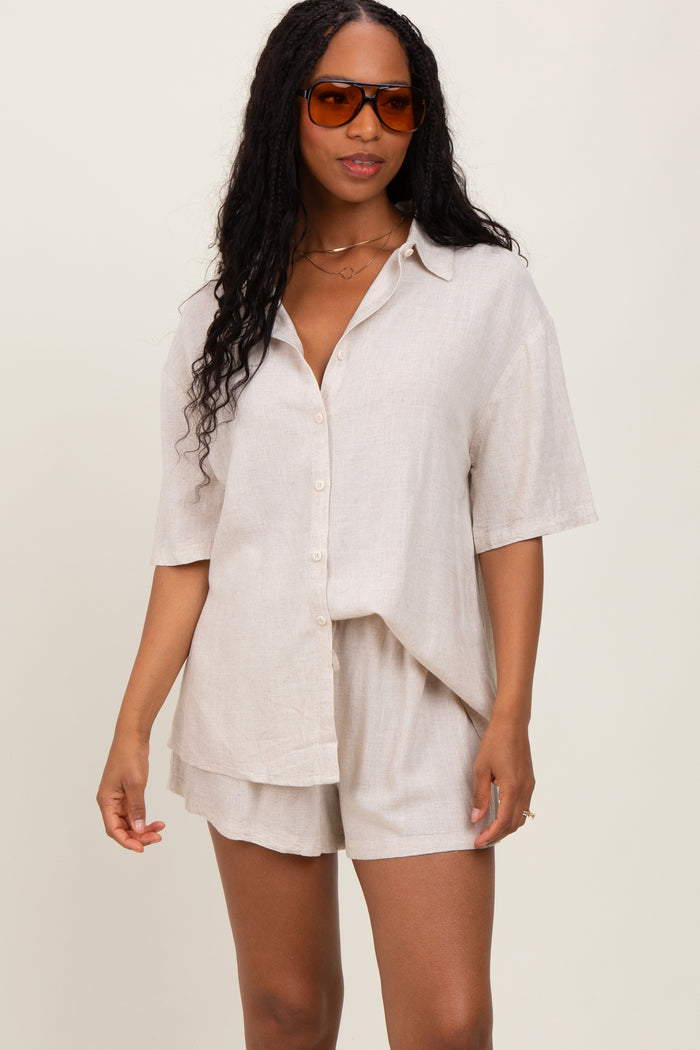 Beige Linen Blend Short Sleeve Shirt Shorts Set
