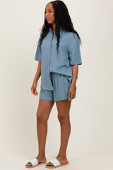 Blue Linen Blend Short Sleeve Shirt Shorts Set