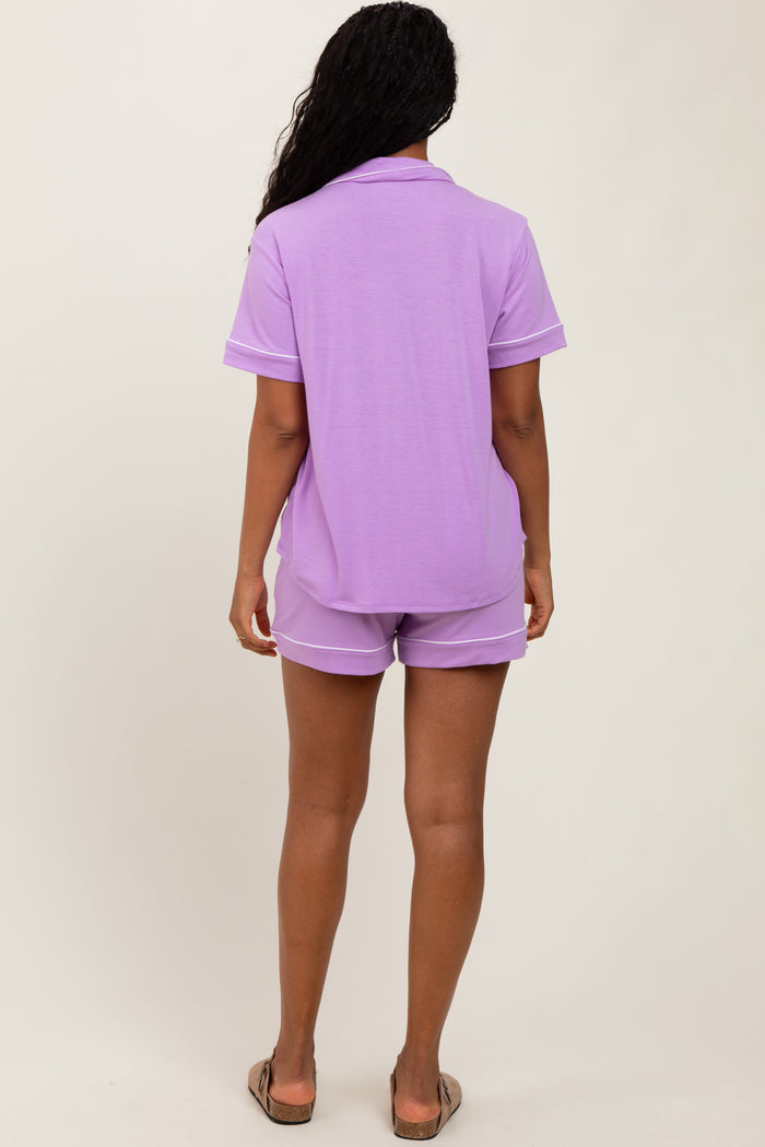 Lavender Short Sleeve Button Down Shirt Shorts Set