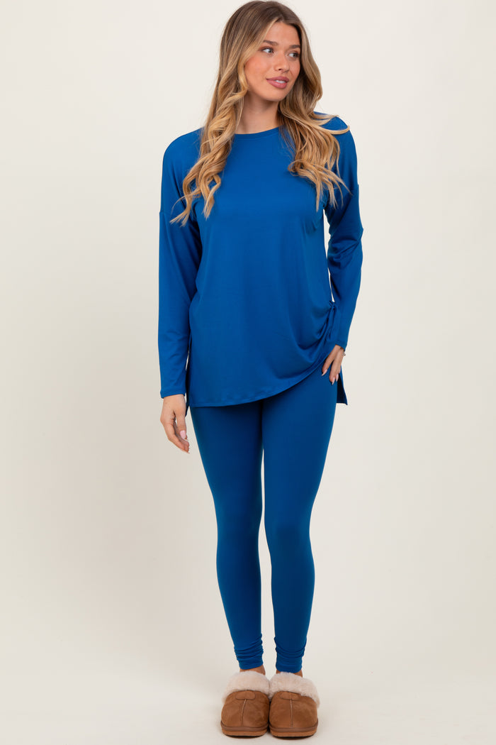 Blue Brushed Knit Oversized Top and Legging Set