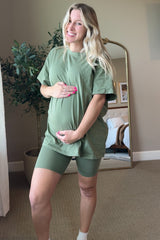 Light Olive Biker Shorts Maternity Set