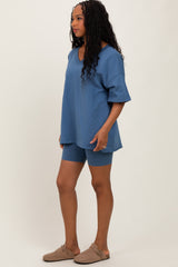 Blue Oversized V-Neck Biker Short Set