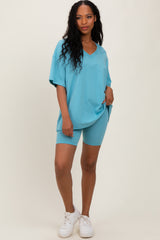 Light Blue Oversized V-Neck Biker Short Set
