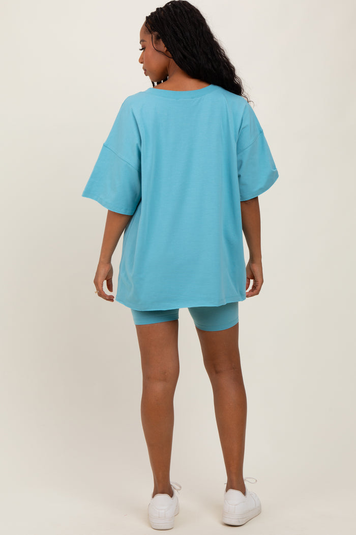 Light Blue Oversized V-Neck Biker Short Set