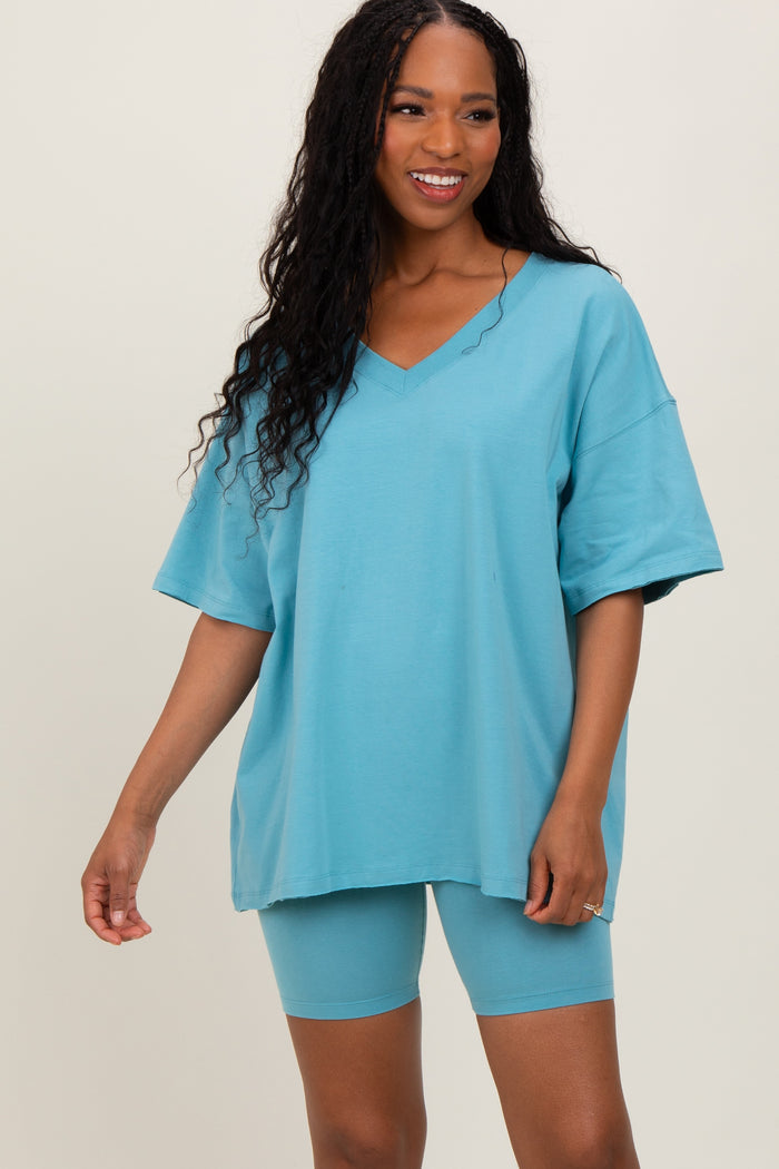 Light Blue Oversized V-Neck Biker Short Maternity Set