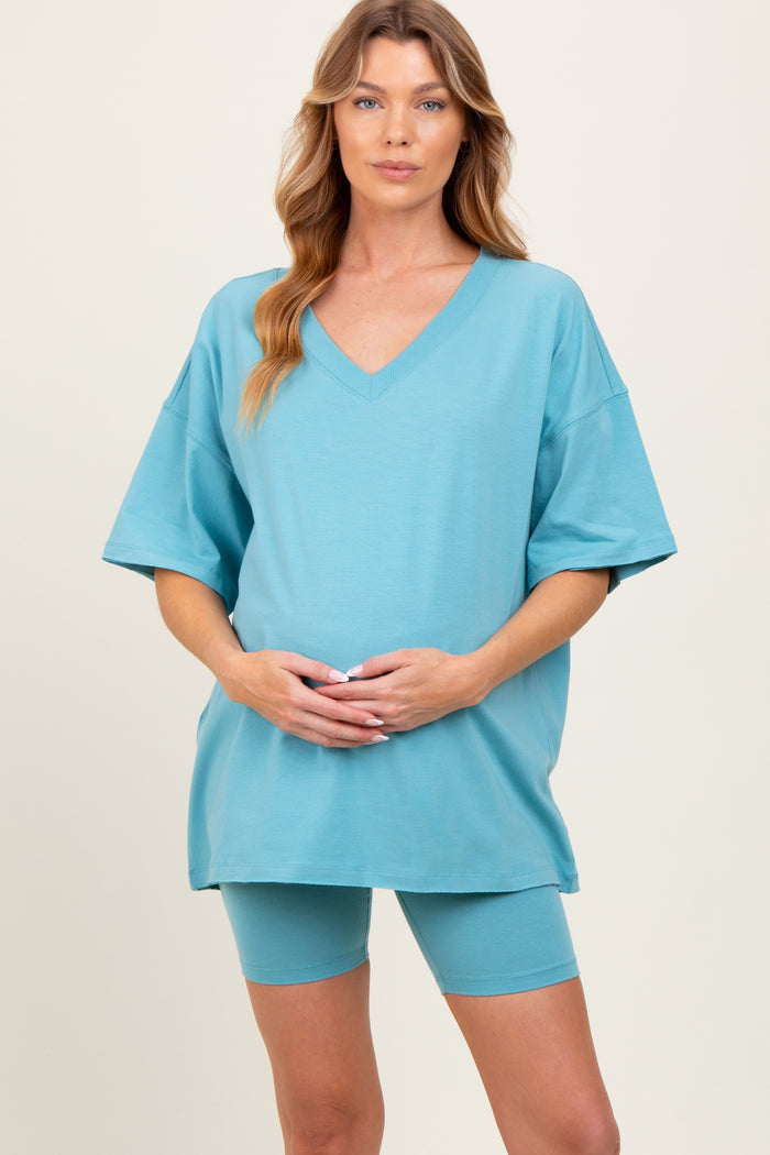 Light Blue Oversized V-Neck Biker Short Maternity Set