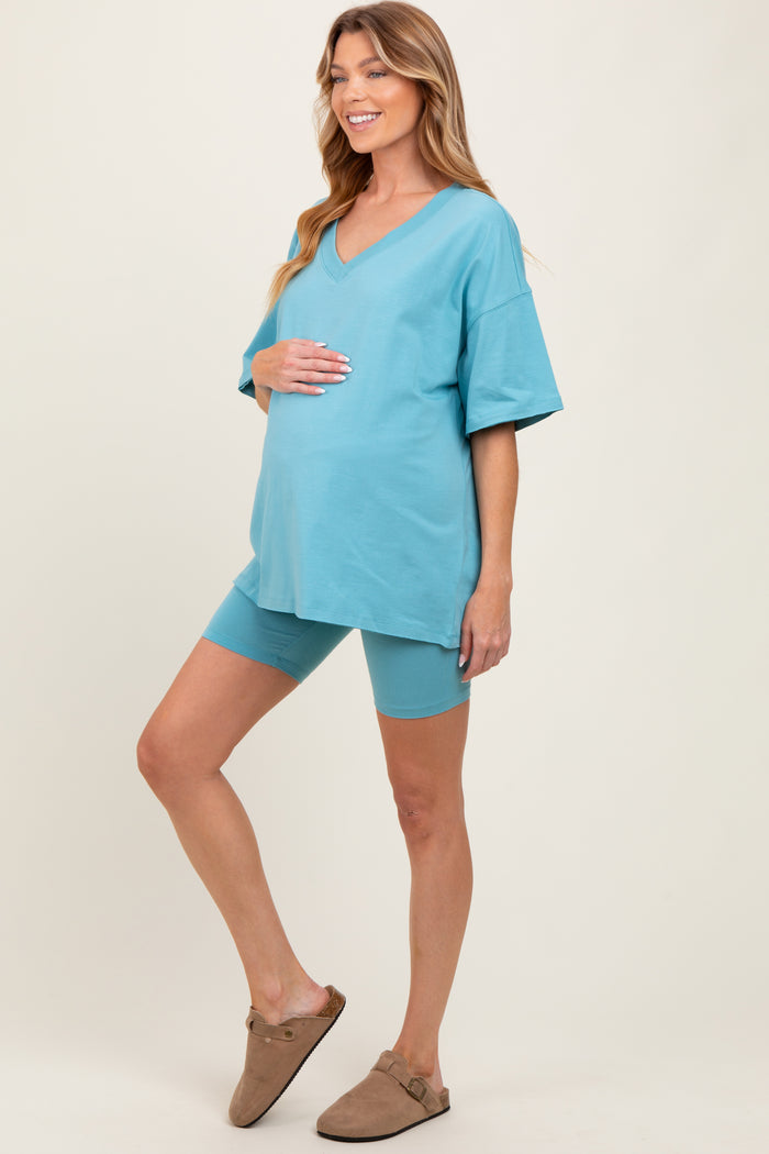 Light Blue Oversized V-Neck Biker Short Maternity Set