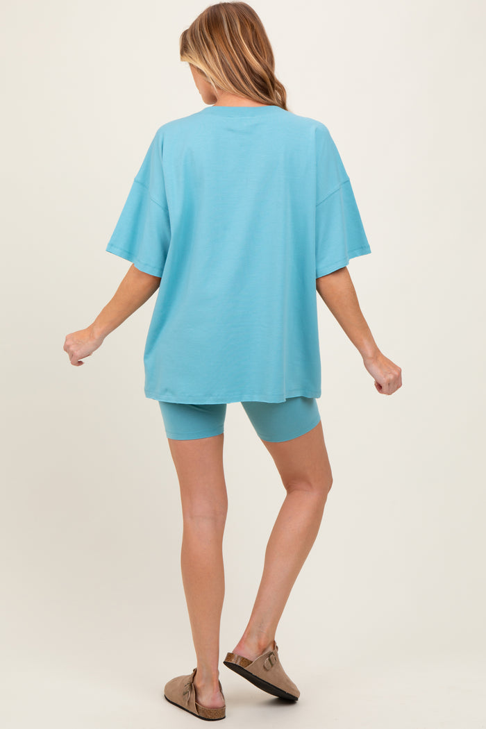 Light Blue Oversized V-Neck Biker Short Maternity Set