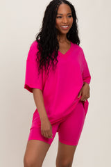 Fuchsia Oversized V-Neck Biker Short Set