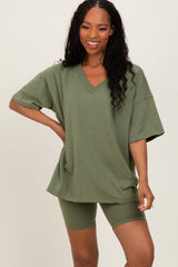 Olive Oversized V-Neck Biker Short Set