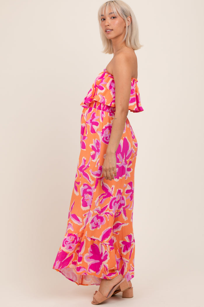 Orange Fuchsia Floral Strapless Ruffle Wide Leg Maternity Jumpsuit