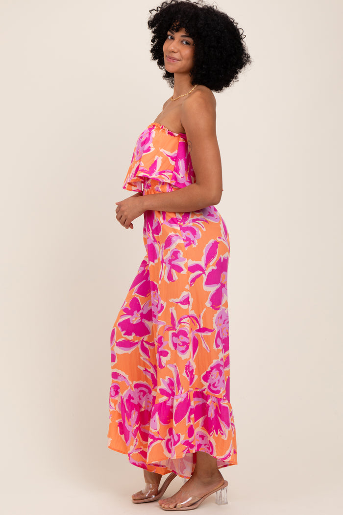 Orange Fuchsia Floral Strapless Ruffle Wide Leg Jumpsuit