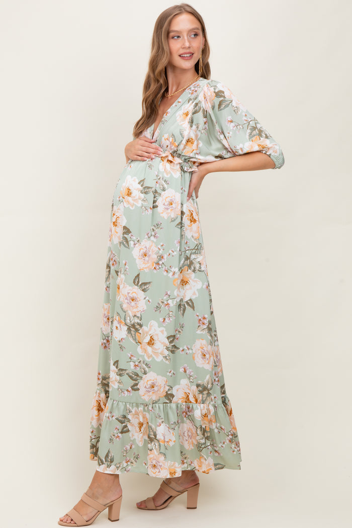 Sage Floral Print Elbow Sleeve V-Neck Tiered Maternity Maxi Dress