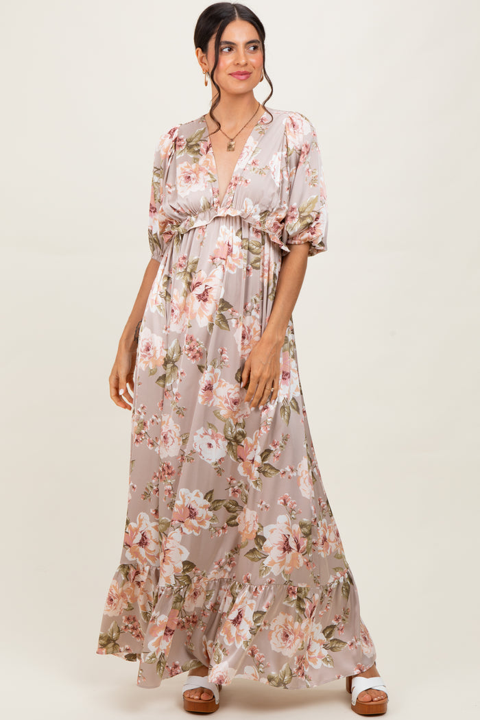 Taupe Floral Print Elbow Sleeve V-Neck Tiered Maternity Maxi Dress