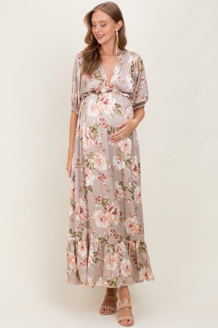 Taupe Floral Print Elbow Sleeve V-Neck Tiered Maternity Maxi Dress