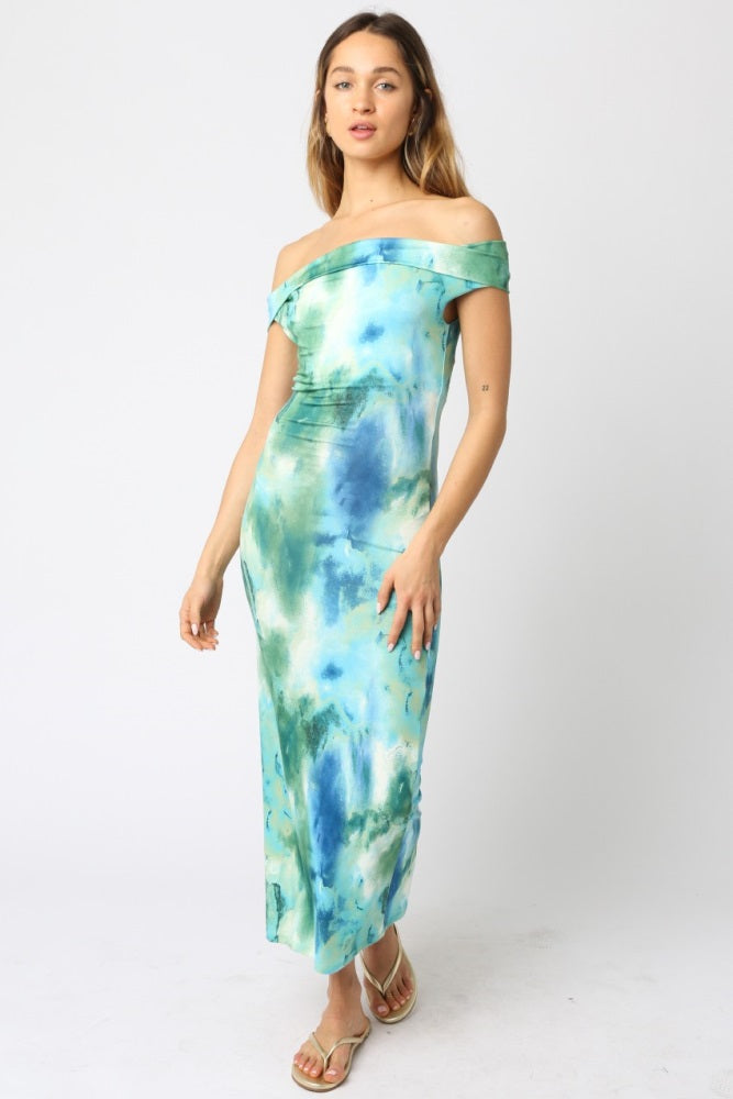 Blue Tie Dye Off Shoulder Maternity Maxi Dress