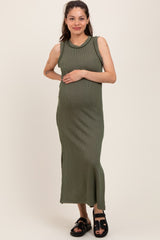 Olive Ribbed Sleeveless Side Slit Maternity Midi Dress