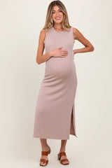 Light Taupe Ribbed Sleeveless Side Slit Maternity Midi Dress