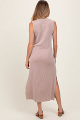 Light Taupe Ribbed Sleeveless Side Slit Maternity Midi Dress