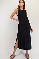 Black Ribbed Sleeveless Side Slit Midi Dress