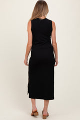 Black Ribbed Sleeveless Side Slit Maternity Midi Dress