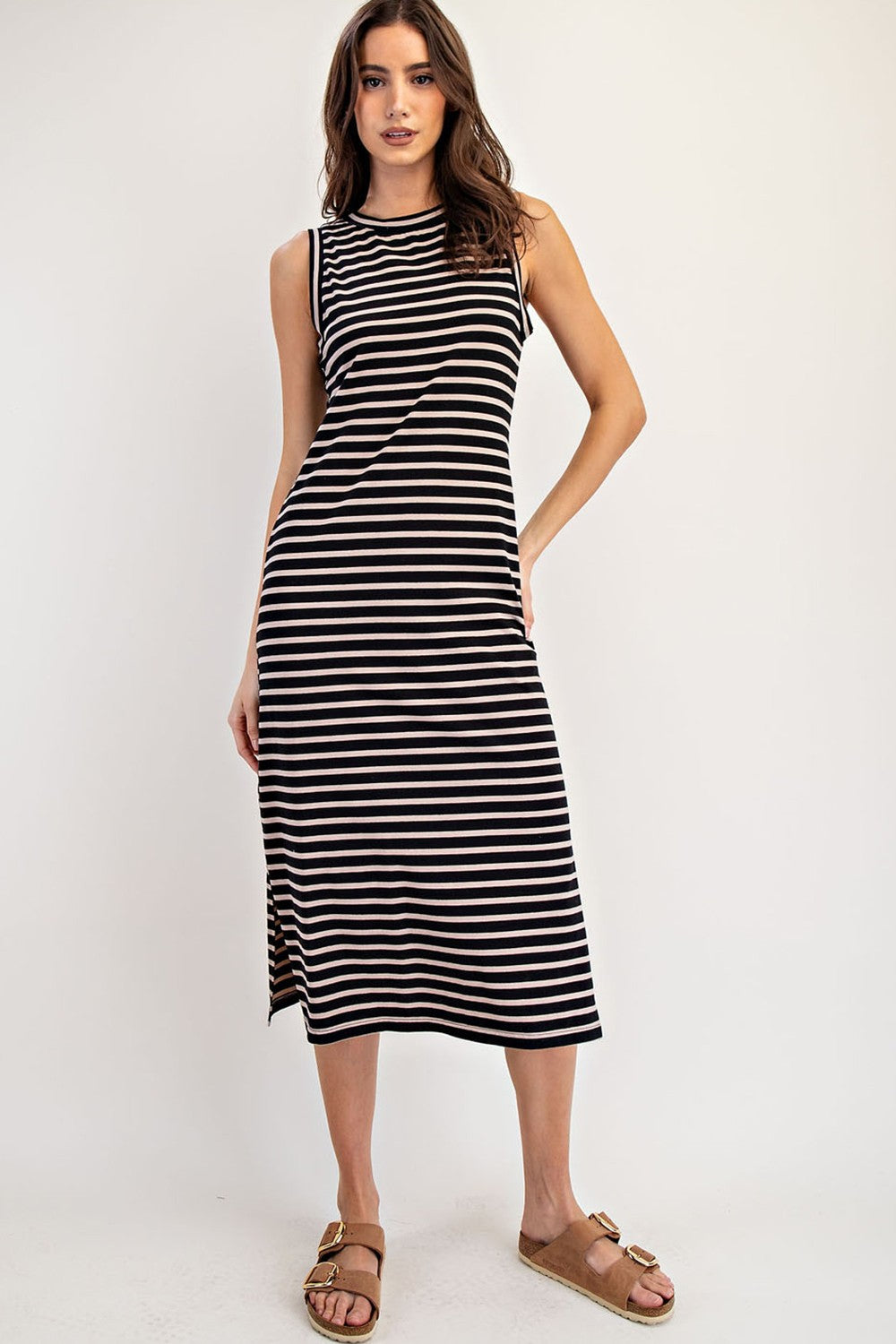 Black Striped Sleeveless Side Slit Midi Dress