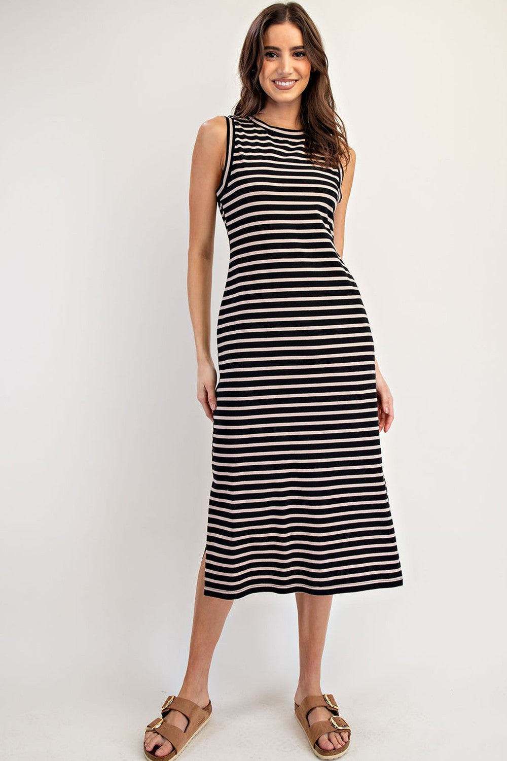 Black Striped Sleeveless Side Slit Midi Dress