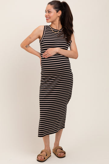 Black Striped Sleeveless Side Slit Maternity Midi Dress