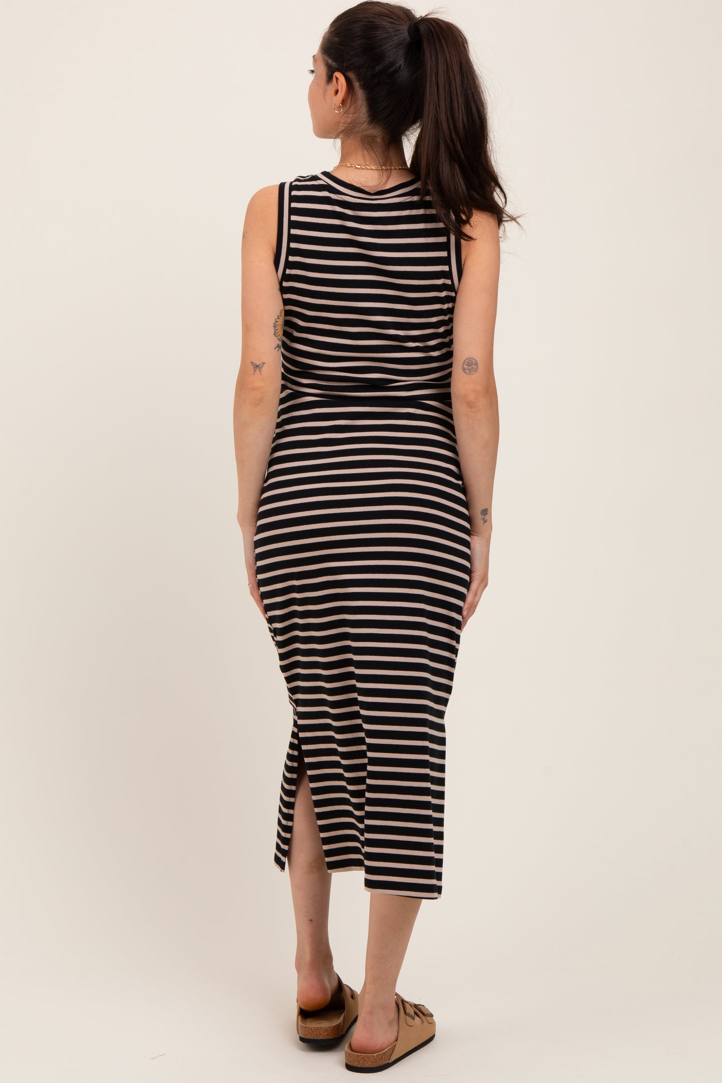 Black Striped Sleeveless Side Slit Maternity Midi Dress