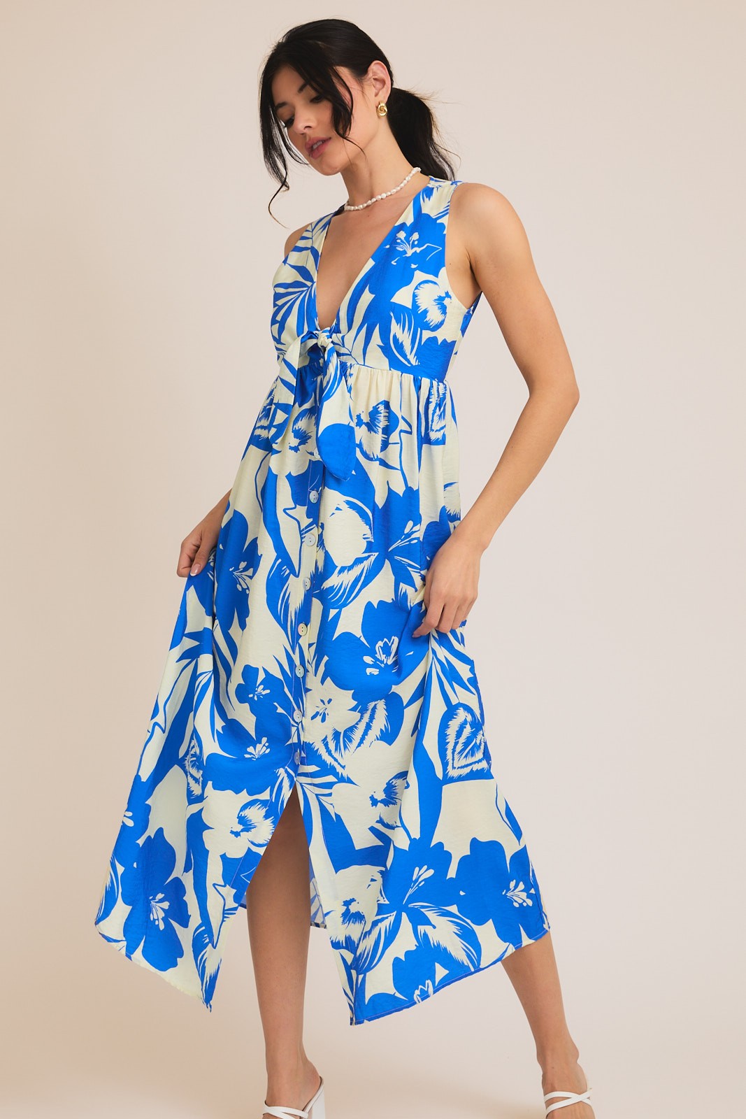 Blue Tropical Print Front Tie Sleeveless Button Up Maternity Dress