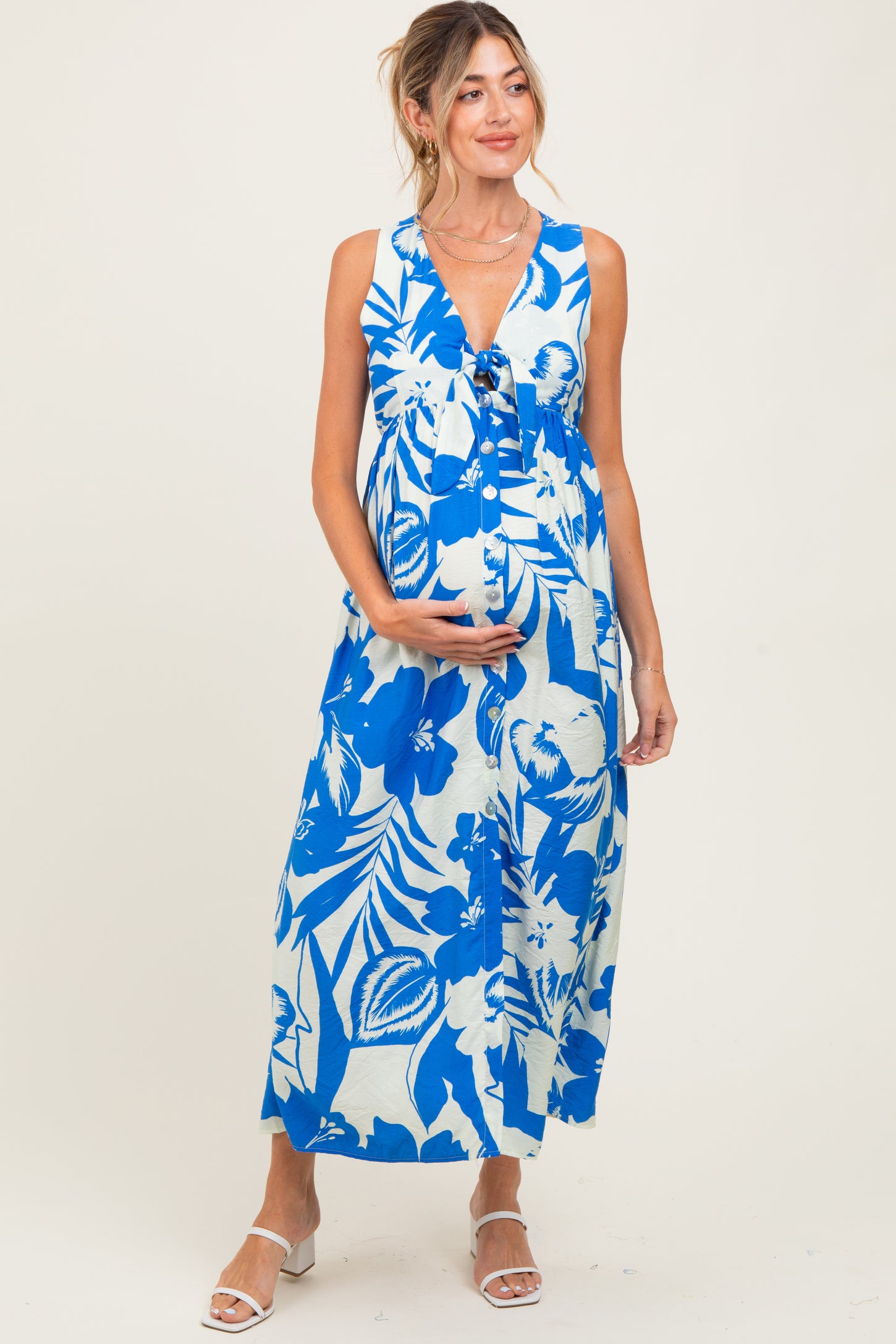 Blue Tropical Print Front Tie Sleeveless Button Up Maternity Dress