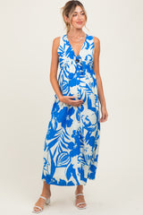 Blue Tropical Print Front Tie Sleeveless Button Up Maternity Dress