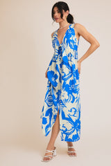 Blue Tropical Print Front Tie Sleeveless Button Up Dress