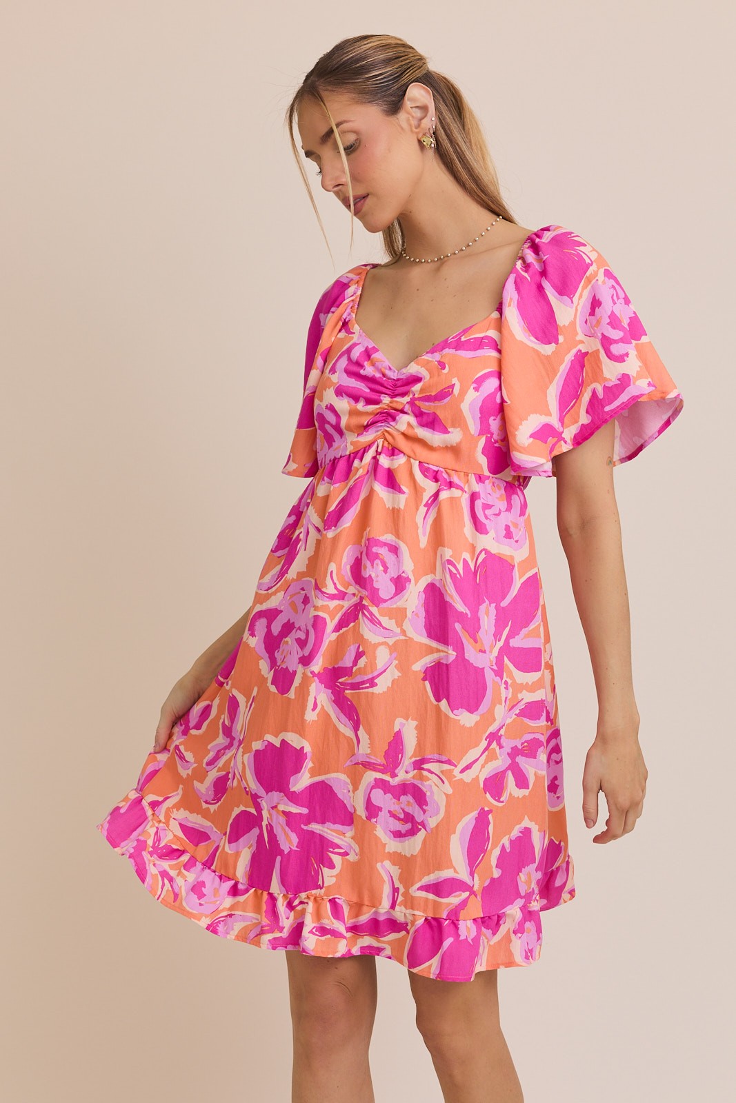 Orange Abstract Floral Cinch Bust Maternity Dress
