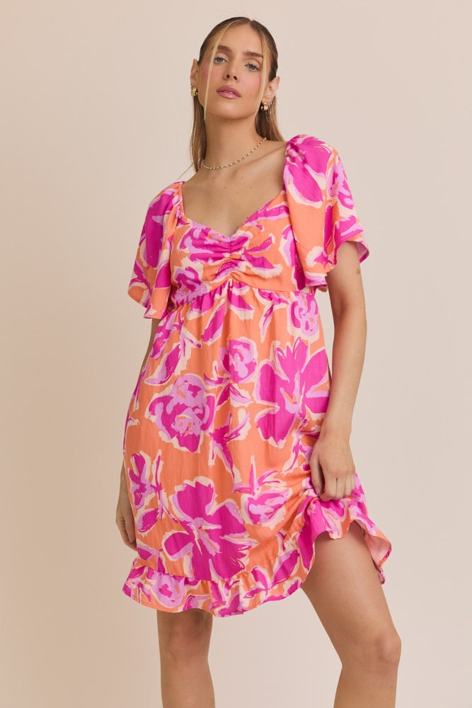 Orange Abstract Floral Cinch Bust Dress