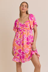 Orange Abstract Floral Cinch Bust Dress