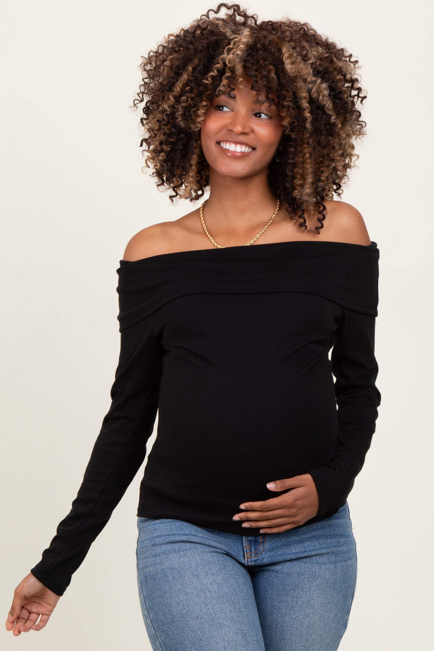 Black Off Shoulder Foldover Maternity Long Sleeve Top
